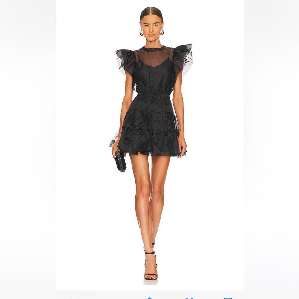 Simkhai Monique Organza Ruffle-Sleeve Mini Dress in Black. Size 2